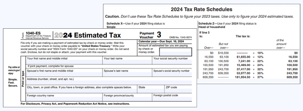 The blank 1040-ES template and the tax rate schedule